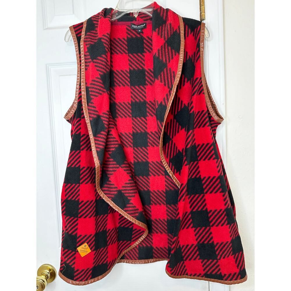 Woman's Simply Sothern Buffalo Plaid Fleece Vest with Faux Leather Trim Size Med